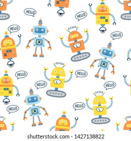 Seamless pattern with cute robots. Vector illustration on a white background