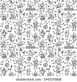 Seamless pattern of cute robots. Vector illustration. 