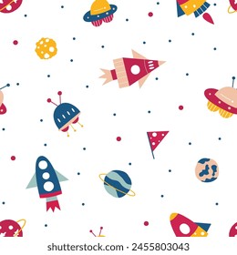Seamless pattern of cute rocket meteorite on theme space illustration 
