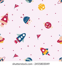 Seamless pattern of cute rocket meteorite on theme space illustration 