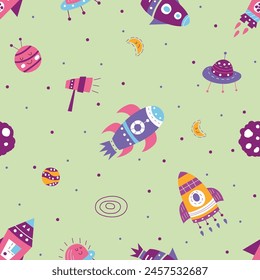 Seamless pattern of cute rocket meteorite on theme space illustration 