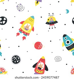 Seamless pattern of cute rocket meteorite on theme space illustration 