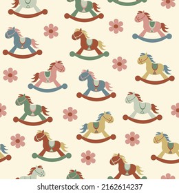 Seamless pattern with cute rocking horse. Childish illustration. Cartoon rocking horse on a light background. Cute rocking horses seamless background. Pattern for kids fabric, textile, wallpaper.