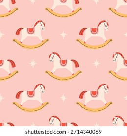 Patrón sin fisuras con el caballo de balanceo lindo. Diseño para el Anuncio, Fondo de pantalla, papel de embalaje, fondo, tarjeta, cartel. Ilustración vectorial en estilo plano