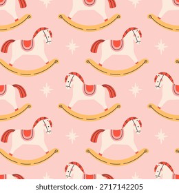 Seamless pattern with cute rocking horse and stars. Design for banner, wallpaper, wrapping paper, background, card, poster. Vector illustration in flat style