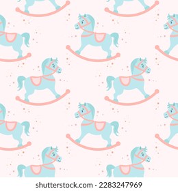 Patrón sin foco, lindos caballos mecedores en un fondo con estrellas. Colores pasteles. Fondo de la ducha para bebés, tejidos para bebés, papel de pared, vector