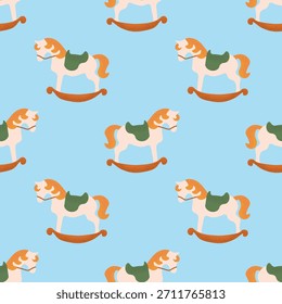 Patrón sin fisuras de lindos caballos mecedores en colores pastel sobre fondo azul. Ideal para productos de bebé, decoración de vivero, textiles para niños y diseños vintage juguetones. Ilustración vectorial