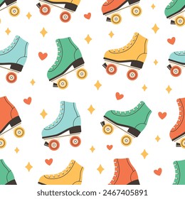 Seamless pattern with cute roller skates in 80s 90s style. Disco style. Vector illustration in flat style