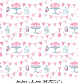 Seamless pattern cute, romantic with cakes, birds, bows, hearts and triangular flags. 