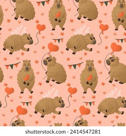 Seamless pattern with cute romantic capybaras. Cute flat animal cartoon characters with flags, floral branches, stars. St Valentines day or happy birthday concept pattern on white background