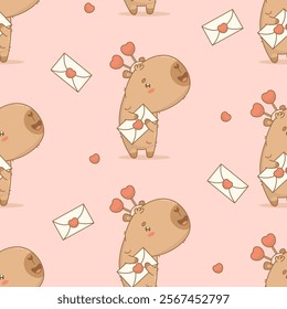 Seamless pattern with Cute romantic cartoon capybara with love letter on pink background. Vector illustration. Ornament template valentine