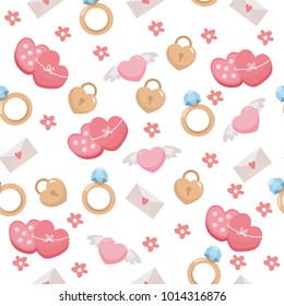 Seamless pattern with cute romantic elements. Illustration with hearts, ring, envelope. Background for fabric print, texture and wrapping paper.