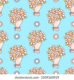 Padrão sem costura com buquê festivo romântico bonito com flores de camomila branca no fundo azul. Personagem de desenho animado de kawaii de feriado engraçado. Ilustração vetorial