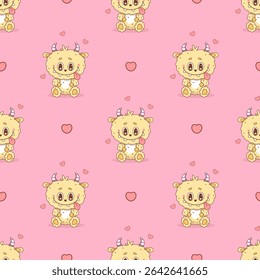 Seamless pattern with Cute Romantic Little Yellow Monster on pink background with hearts. Cartoon Funny kawaii character animal. Vector illustration