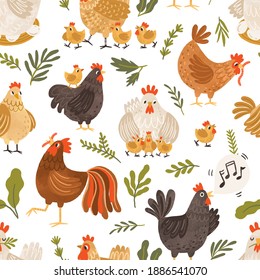 Seamless pattern with cute roosters, chickens, hens and leaves on white background. Endless repeatable backdrop with domestic birds. Colorful flat vector illustration