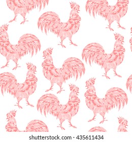 Seamless pattern with cute roosters isolated on white background. Farm birds silhouettes. Mosaic vector illustration.