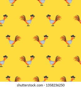 Seamless pattern with cute roosters on yellow vector background. Cartoon style chicken bird for fabric print.