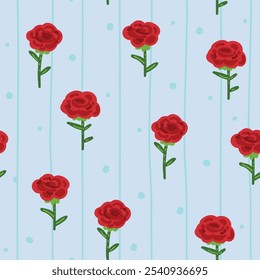 Seamless pattern of cute rose flower blooming cartoon hand drawn pastle background.Floral.Valentines day.Love.Image for card,poster,baby clothing.Kawaii.Vector.Illustration.