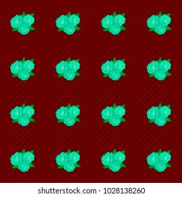 Seamless pattern with cute rose flowers and green leaves in red, green and blue colors. Vector illustration.