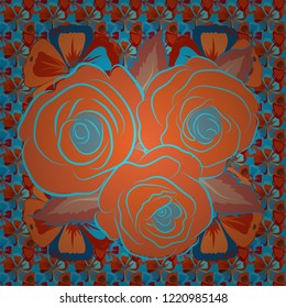 Seamless pattern with cute rose flowers and leaves in orange, blue and red colors. Vector illustration.