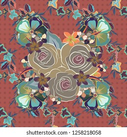 Seamless pattern with cute rose flowers and leaves in blue, pink and beige colors. Vector illustration.