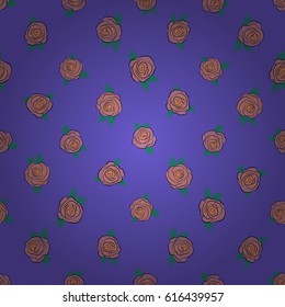Seamless pattern with cute rose flowers and green leaves on a violet background. Spring vintage floral background. Beautiful vector texture.