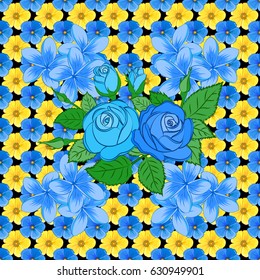 Seamless pattern with cute rose flowers and green leaves on a black background. Vector illustration.