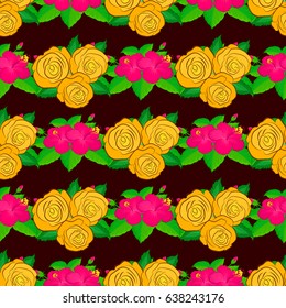 Seamless pattern with cute rose flowers and green leaves on a brown background. Spring vintage floral background. Beautiful vector texture.