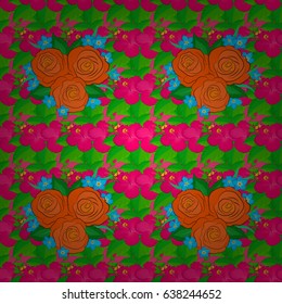 Seamless pattern with cute rose flowers and green leaves on a pink background. Spring vintage floral background. Beautiful vector texture.