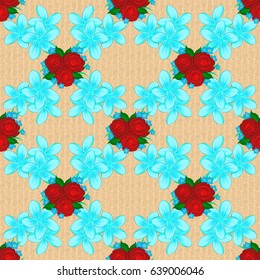 Seamless pattern with cute rose flowers and green leaves on a beige background. Spring vintage floral background. Beautiful vector texture.
