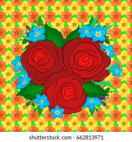 Seamless pattern with cute rose flowers and green leaves on a green background. Vector illustration.