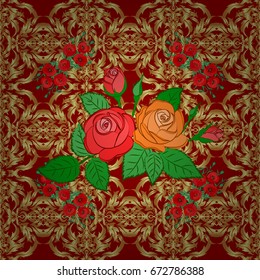 Seamless pattern with cute rose flowers and green leaves on a red background. Spring vintage floral background. Beautiful vector texture.
