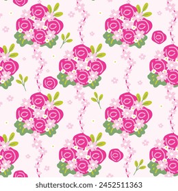 Seamless pattern of cute rose line hand drawn background.Bunch of flowers.Floral.Nature.Marry celebration.Spring.Kawaii.Vector.Illustration.
