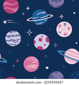 Seamless pattern with cute roses and lilac cartoon planets and stars on a dark blue background. Cosmic background.