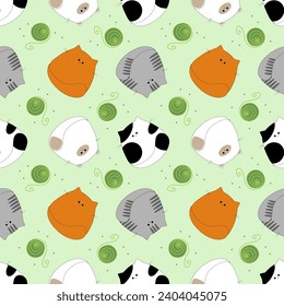 Seamless pattern with cute round cartoon cats in different colors and ball of thread doodle style for print, cover, wallpaper, poster, textile.