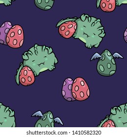 Seamless pattern of cute round dragon and eggs in kawaii style on separate background. Can be used for wallpaper, wrapping paper, textil for children.