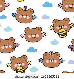 Motif harmonieux d'ours en peluche mignon de forme ronde ont aile mouche avec abeille et miel ciel et arrière-plan nuage.Angle.Caractère animal sauvage dessin animé.Kawaii.Image vectorielle.Illustration.
