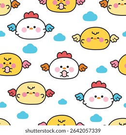 Seamless pattern of cute round shape hen and chicken have wing fly with egg cloud background.Angle.Farm bird animal character cartoon.Painting book.Kawaii.Vector.Illustration.