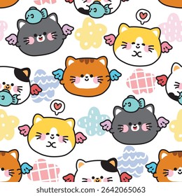 Seamless pattern of cute round shape cats have wing fly with fish star background.Angle.Pet animal character cartoon.Meow.Kawaii.Vector.Illustration.