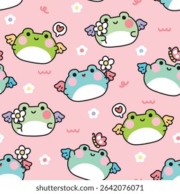 Seamless pattern of cute round shape frog have wing fly with heart flower and butterfly background.Angle.Reptile animal character cartoon.Kawaii.Vector.Illustration.