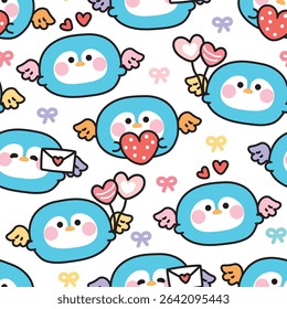 Seamless pattern of cute round shape penguin have wing fly with heart balloon and paper mail bow background.Angle.Polar bird animal character cartoon.Kawaii.Vector.Illustration.