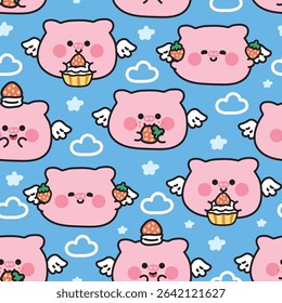 Seamless pattern of cute round shape pig have wing fly with cupcake strawberry on cloud star sky background.Angle.Farm animal character cartoon.Kawaii.Vector.Illustration.