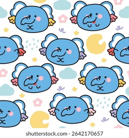 Seamless pattern of cute round shape elephant have wing fly sky background.Moon,star,flower,cloud.Angle.Wild animal character cartoon.Kawaii.Vector.Illustration.