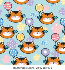 Seamless pattern of cute round shape tiger have wing fly with balloon sky star pastel background.Angle.Wild animal character cartoon.Kawaii.Vector.Illustration.