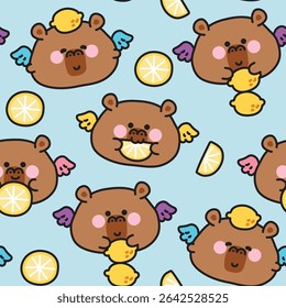 Seamless pattern of cute round shape capybara have wing fly with lemon background.Angle.Mammal animal character cartoon.Kawaii.Vector.Illustration.