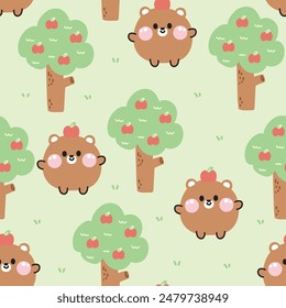 Seamless pattern of cute round teddy bear with apple tree background.Wild animal character cartoon design.Image for card,poster,baby clothing.Kawaii.Vector.Illustration