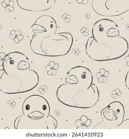 Seamless pattern with cute rubber duck sketches and delicate hand-drawn flowers on a soft beige background. Perfect for kids, textiles and decor.