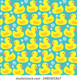 Seamless pattern with cute rubber ducks and soap bubbles. Vector flat colorful backdrop.	