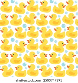 Seamless pattern with cute rubber ducks and soap bubbles. Vector colorful backdrop in flat style