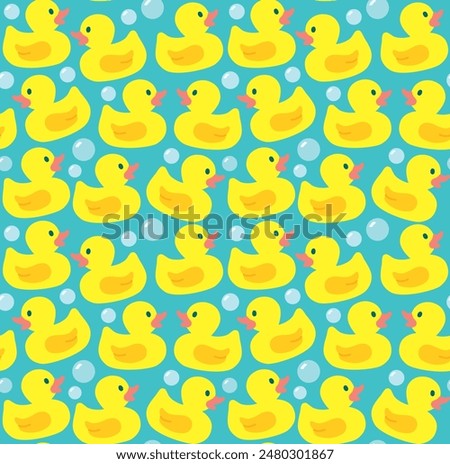 Seamless pattern with cute rubber ducks and soap bubbles. Vector flat colorful backdrop.	